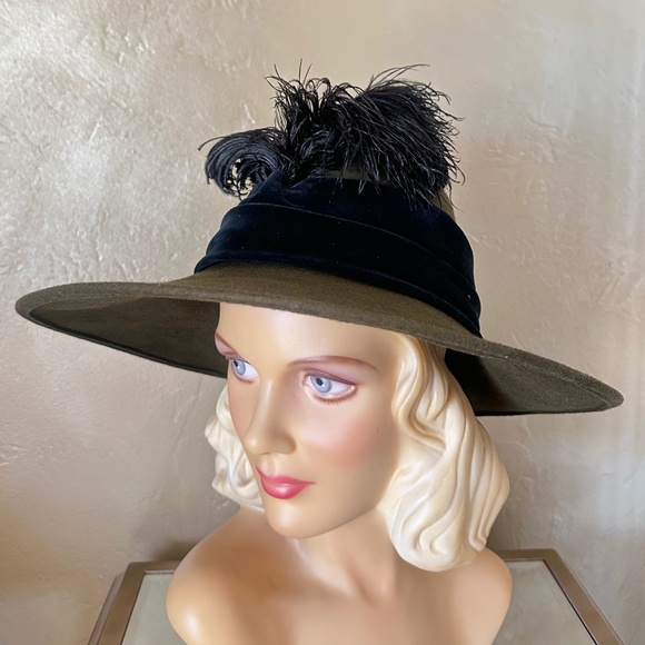 GRANDIOSE OLIVE GRFEEN FELT WIDE BRIM FEDORA + BLACK VELOUR  display picture 1